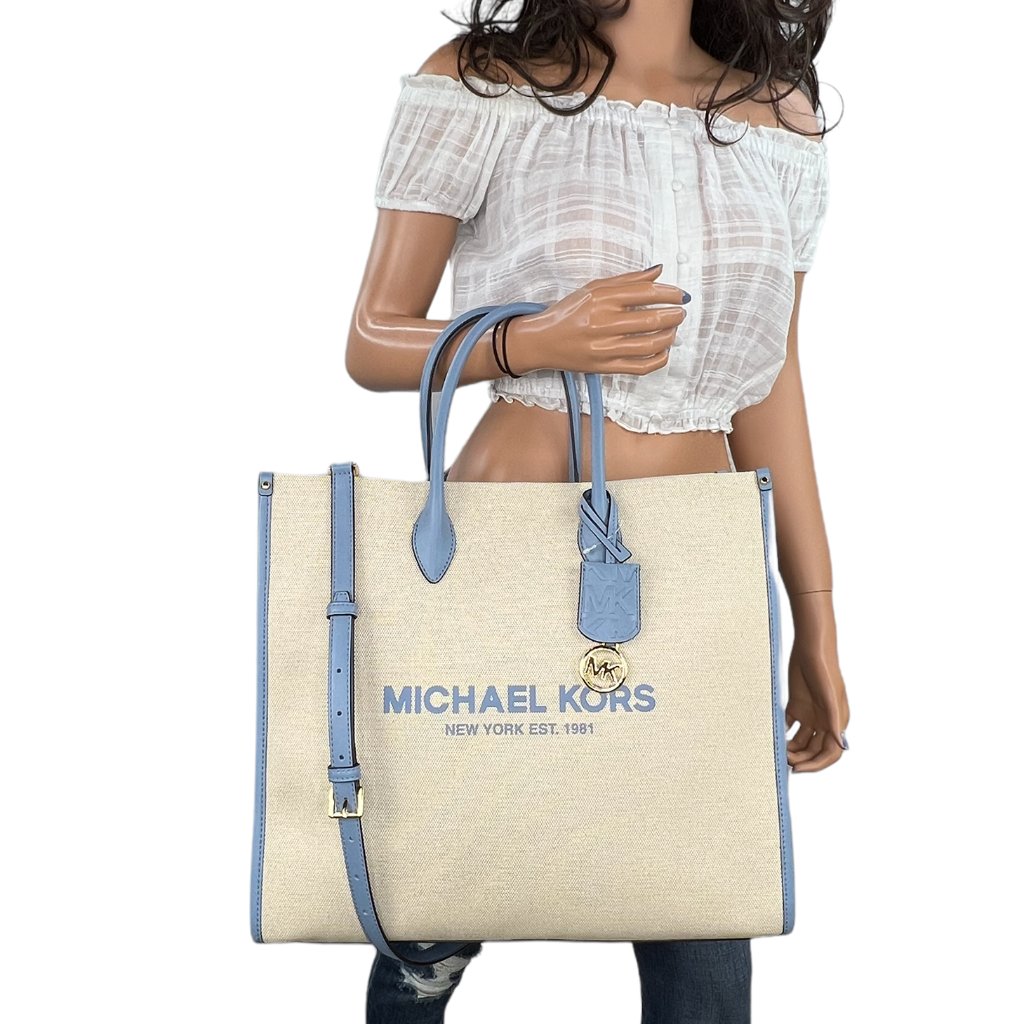 Michael Kors Mirella Large North South Tote Satchel Shoulder Bag Neutral Blue